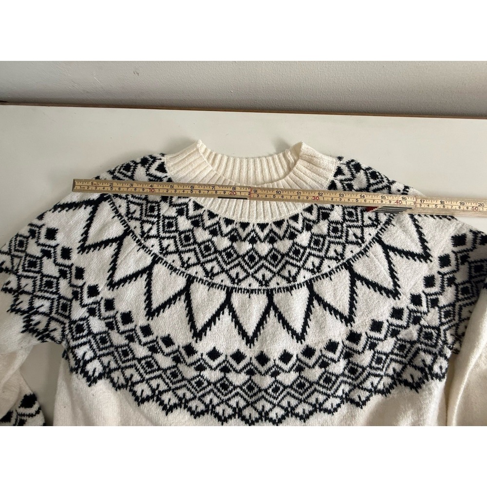 LOFT Fair Isle Sweater Women L Ivory Black Nordic Geometric Crewneck Pullover - Picture 5 of 9